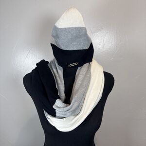 LDT Cap and Scarf Cashmere Blend Cream Black Gray Stripe